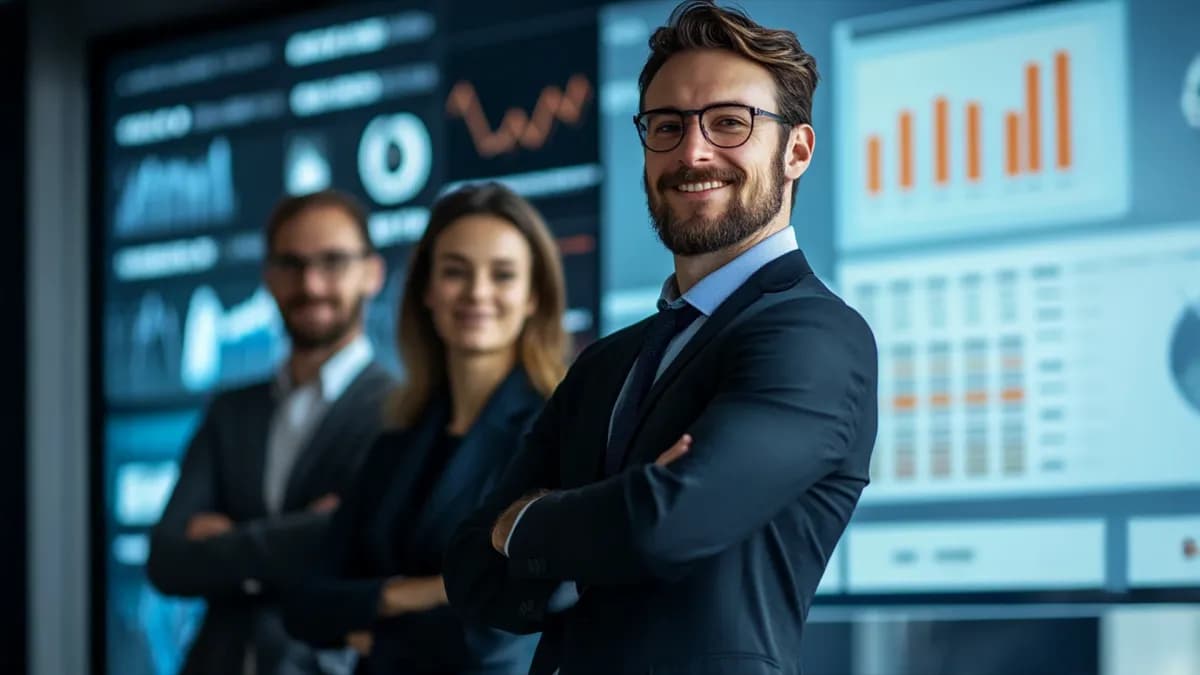 Via Marketing’s fractional CMO team standing together in front of marketing analytics dashboards.