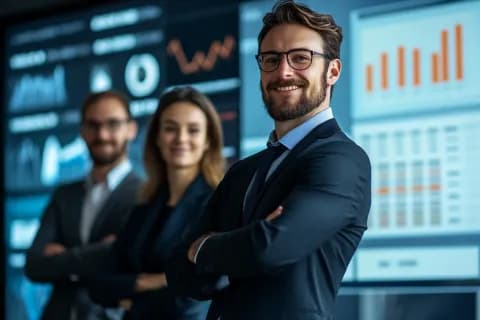 Via Marketing’s fractional CMO team standing together in front of marketing analytics dashboards.