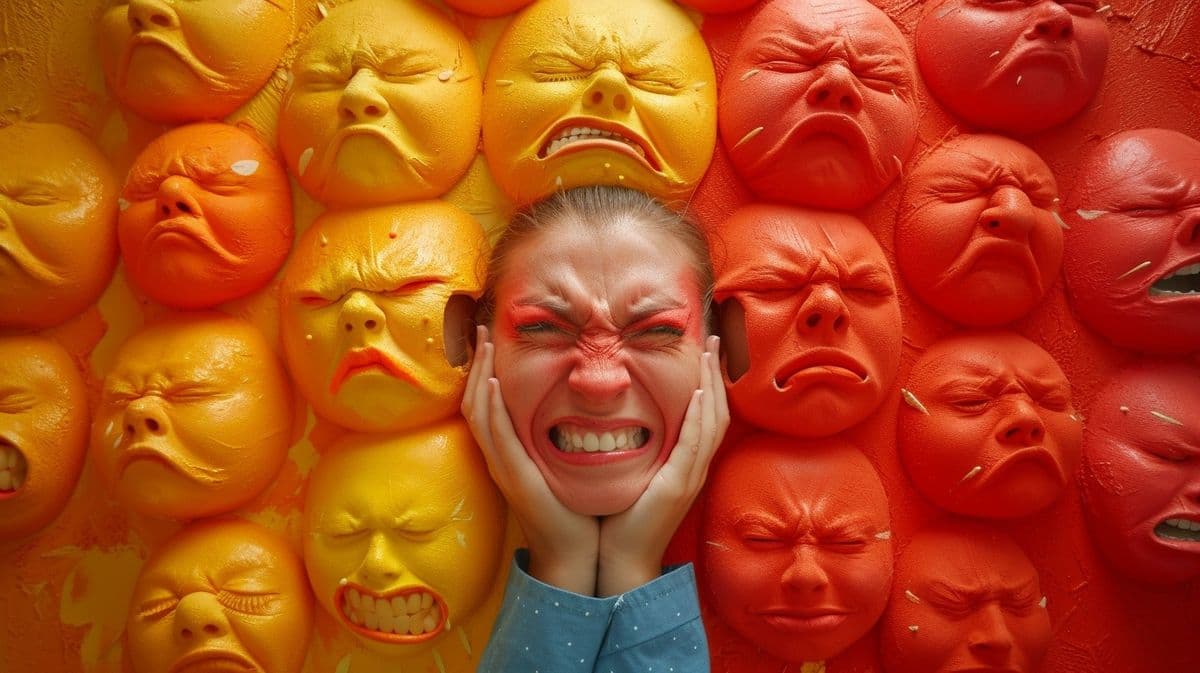 A business professional standing among colorful faces expressing different emotions.