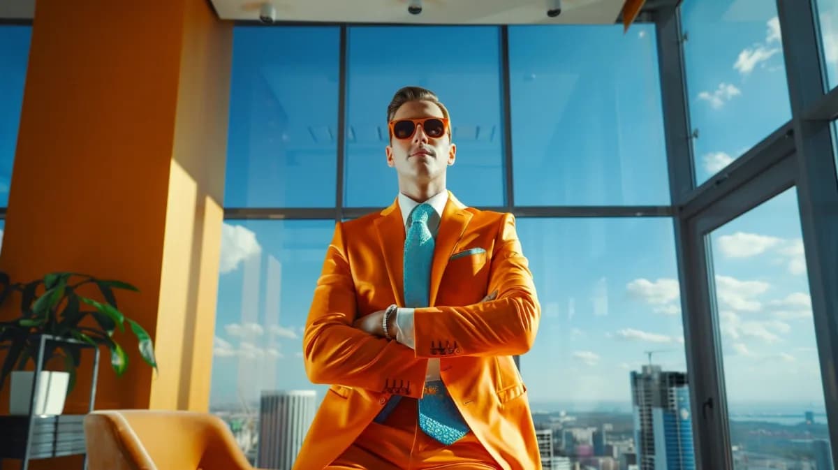 A confident business professional in a bright orange suit stands out as a clearly defined B2B buyer persona.