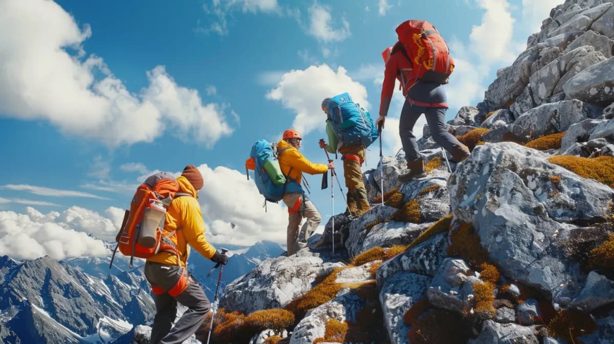 Four hikers in bright jackets climbing a steep, rocky mountain slope under a blue sky.