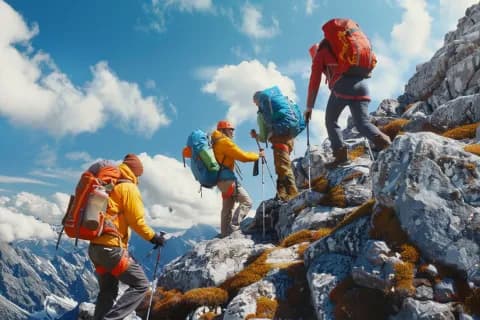 Four hikers in bright jackets climbing a steep, rocky mountain slope under a blue sky.