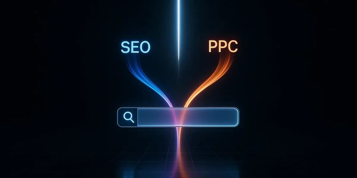 Futuristic holographic search bar with SEO and PPC light trails converging toward the horizon, symbolising future growth.