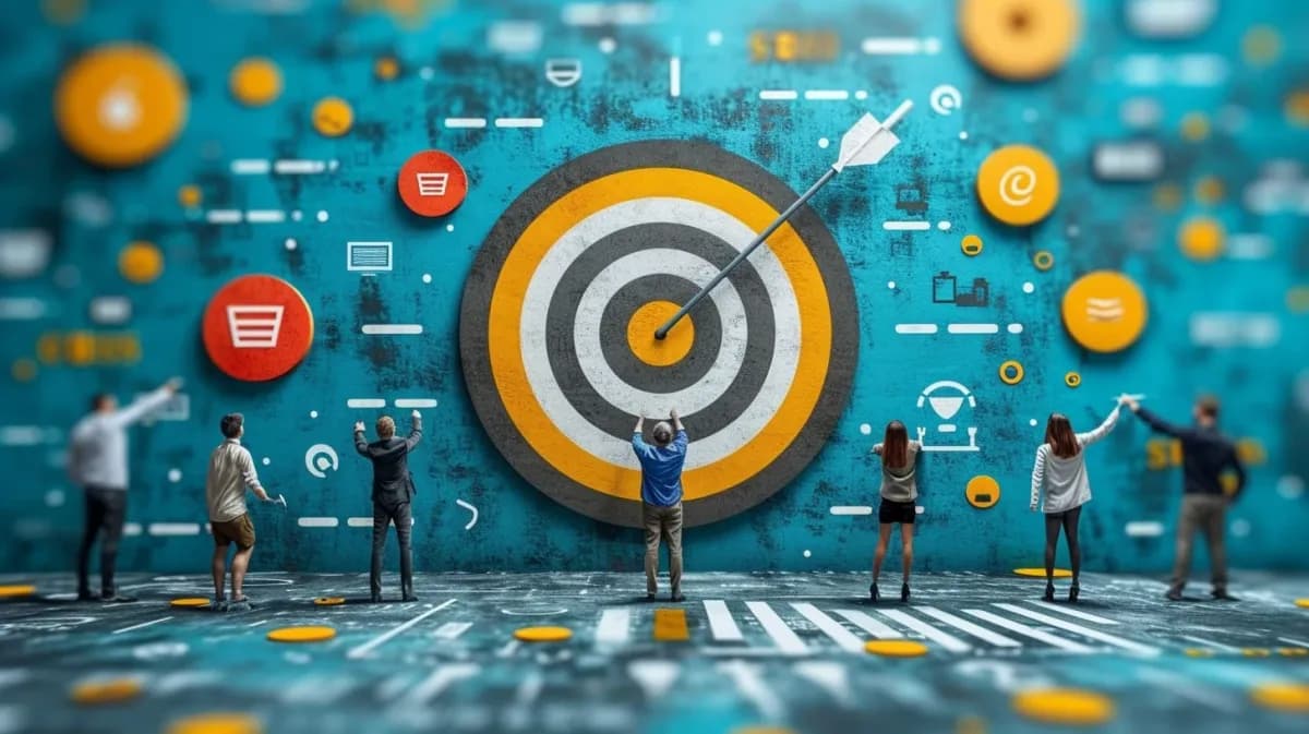 People gathered in front of a large bullseye target, illustrating the importance of Setting SMART Marketing Goals