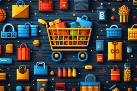 A shopping cart surrounded by digital devices and product icons representing omnichannel marketing.