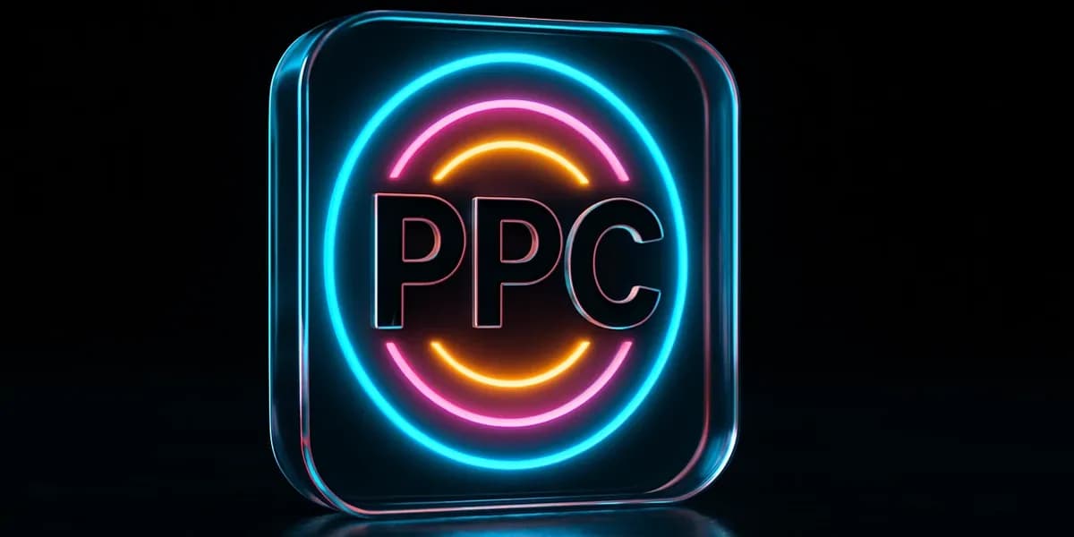 Neon blue, pink, and orange rings around the word PPC, representing pay-per-click ads and direct cost-per-click ROI.