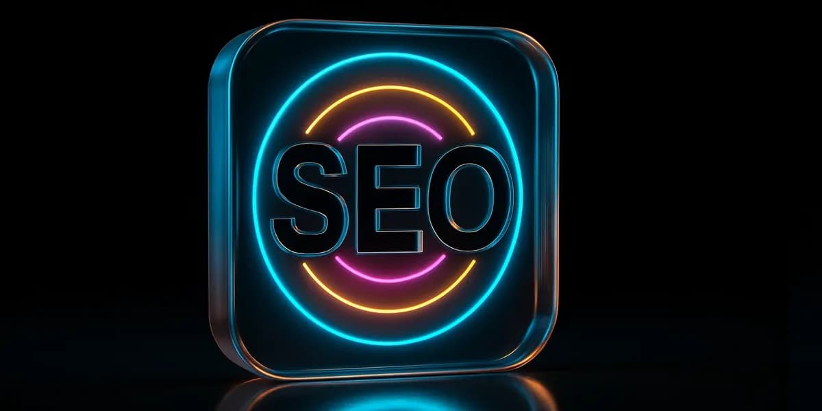 Neon blue, pink, and orange rings around the word SEO, illustrating long-term, low-cost organic search traffic ROI.