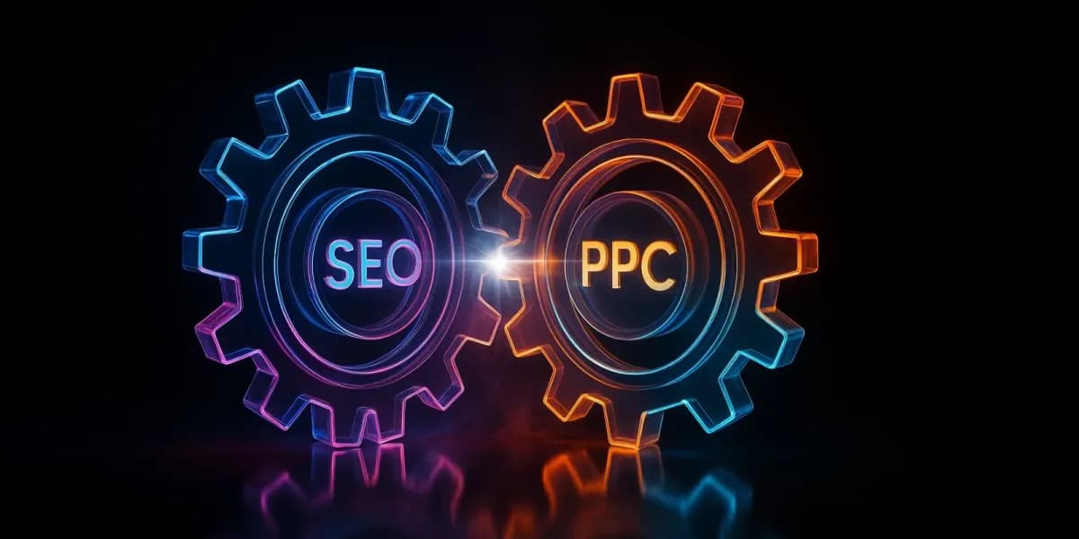 Interlocking neon gears labeled SEO and PPC, illustrating how the two channels drive each other forward.
