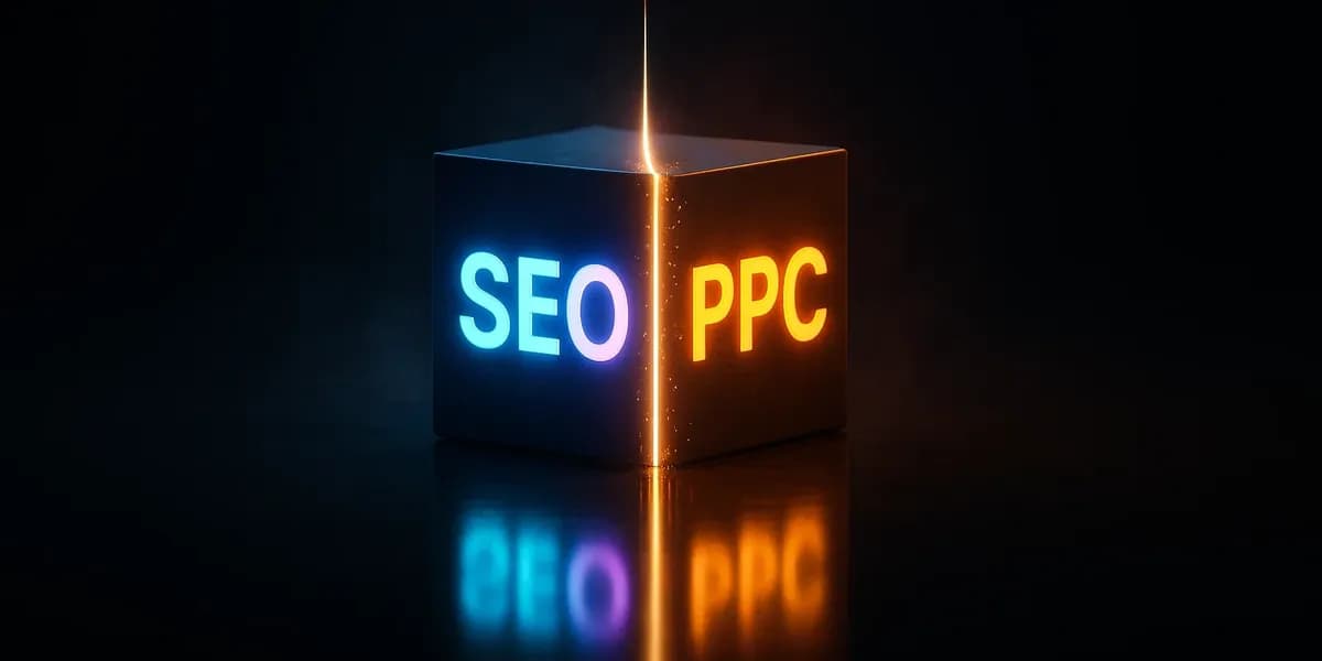 Neon cube split between SEO and PPC icons, showing the head-to-head but balanced nature of search marketing.