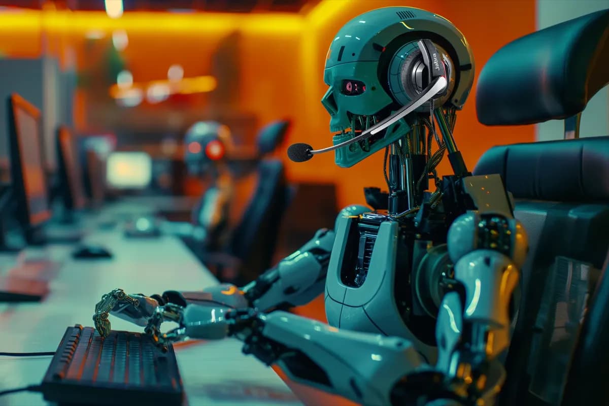 An AI robot equipped with a headset in a call center, representing the transformation in customer engagement through conversational marketing and chatbots