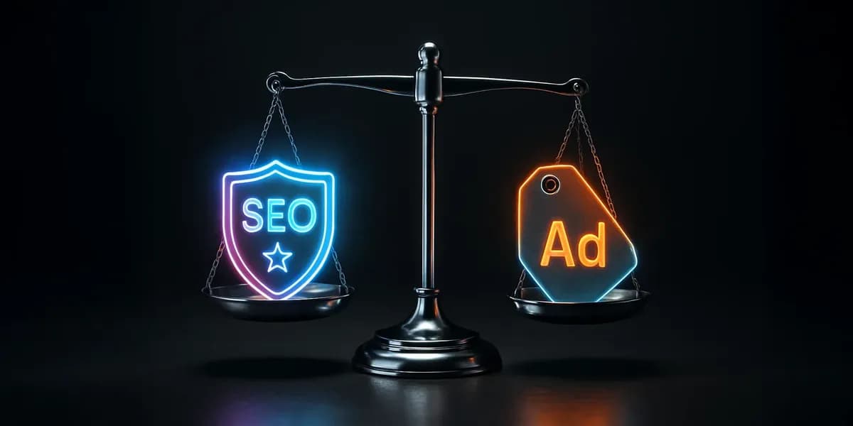 Neon target split between scattered SEO arrows and a PPC bullseye, showing broad reach vs pinpoint control.