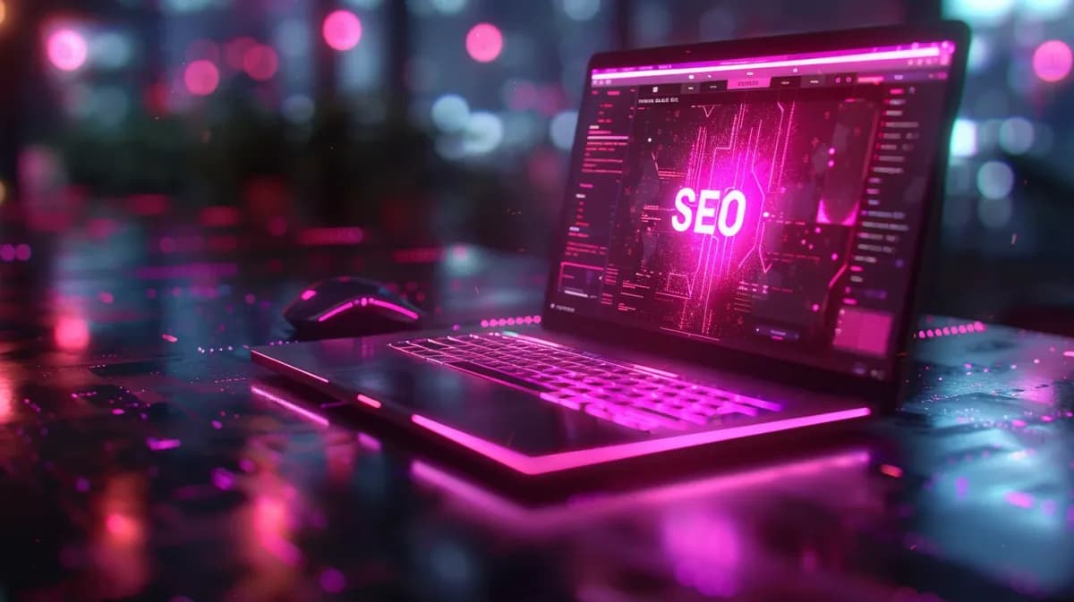 Futuristic laptop with neon pink “SEO” interface representing technical SaaS SEO work.