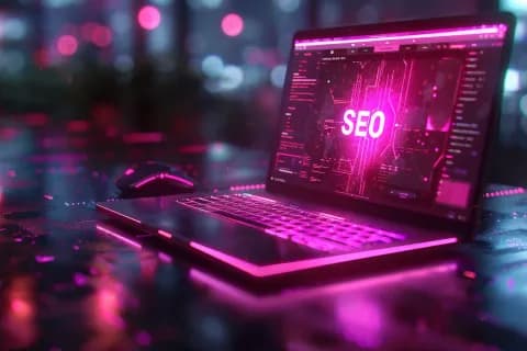 Futuristic laptop with neon pink “SEO” interface representing technical SaaS SEO work.