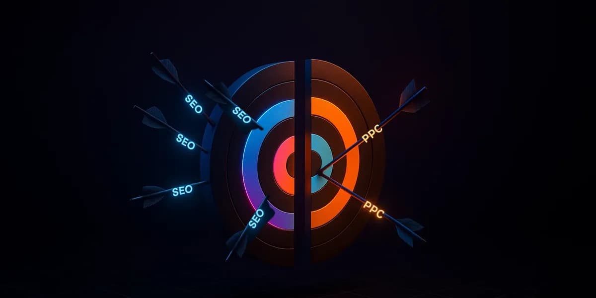 Neon target split between scattered SEO arrows and a PPC bullseye, showing broad reach vs pinpoint control.