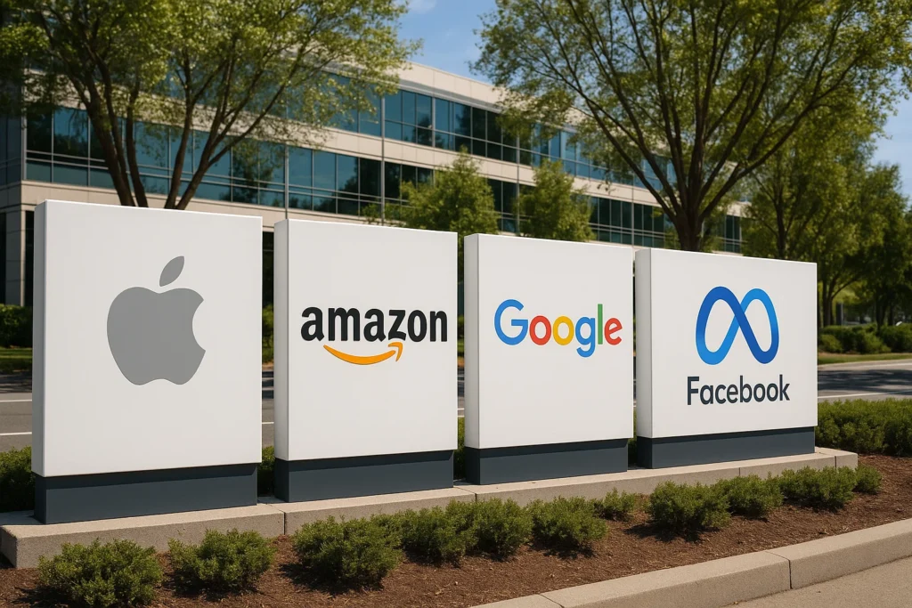 Logos of Apple, Amazon, Google, and Facebook outside corporate headquarters
