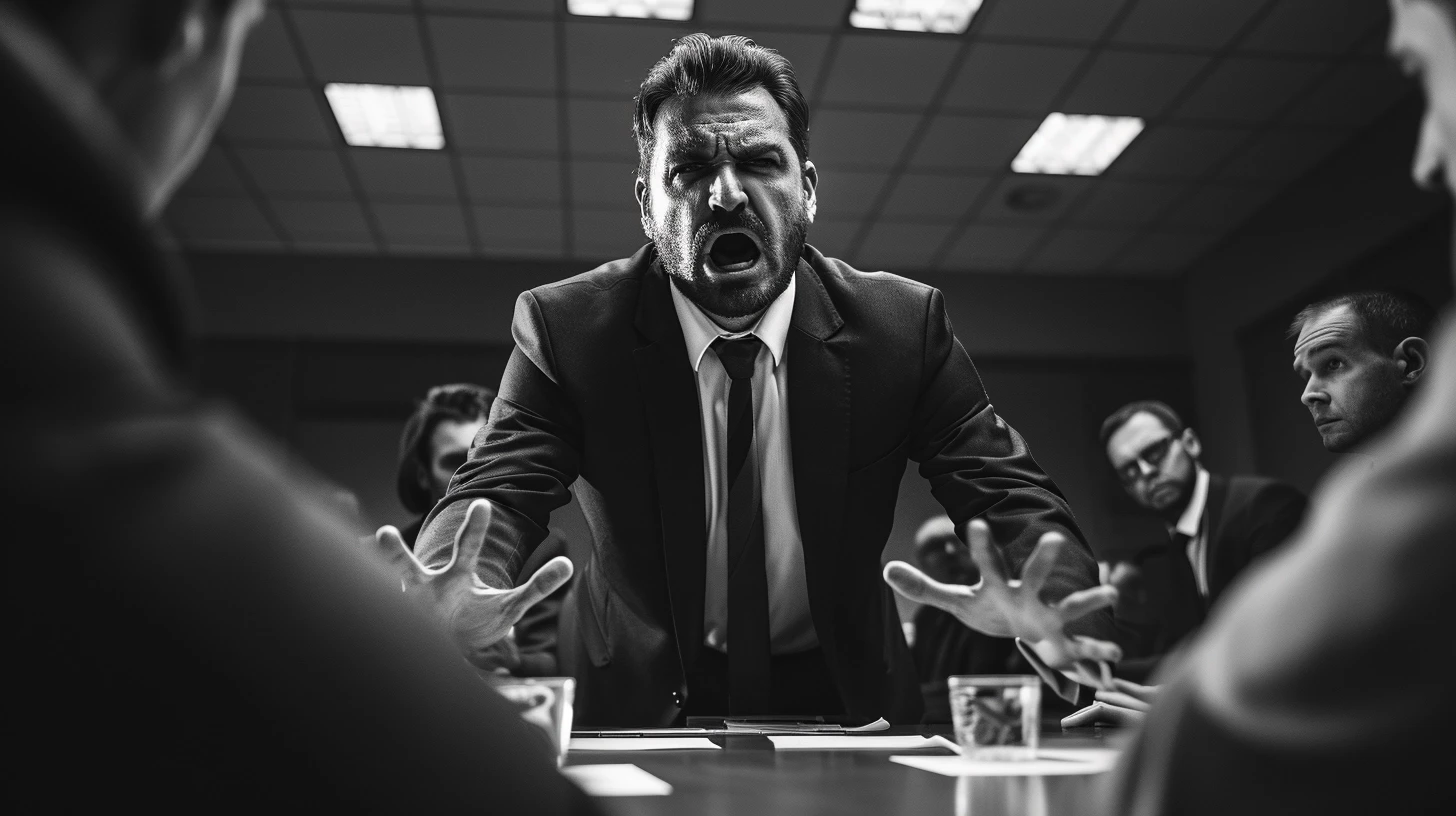 Focused business discussion in a boardroom showcasing B2B LinkedIn Strategy with a man arguing passionately in front of professionals.