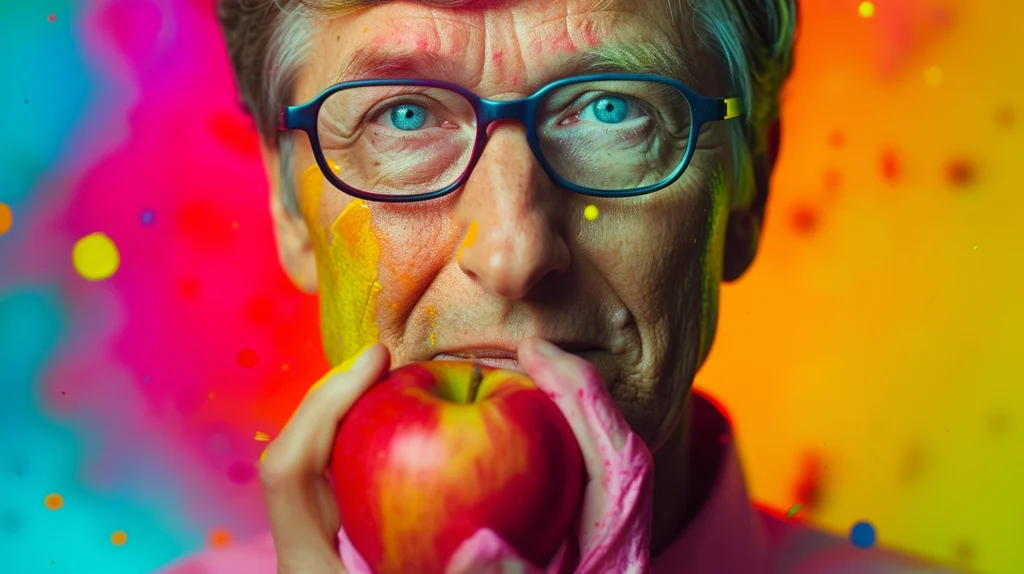 Microsoft vs. Apple, the Titans of Tech: Bill Gates about to bite into an Apple.