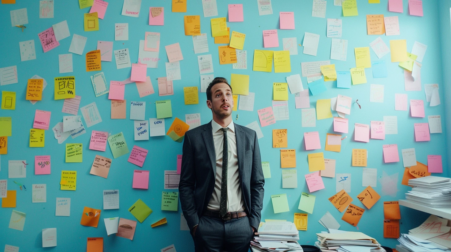 A business professional standing in an office flooded with colorful post-it notes representing diverse B2B content marketing strategies.