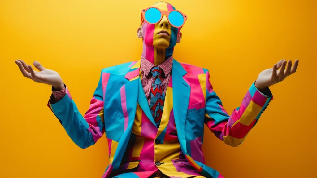 A business professional in a vibrant, multicolored suit and blue sunglasses, standing confidently against a bright yellow background.