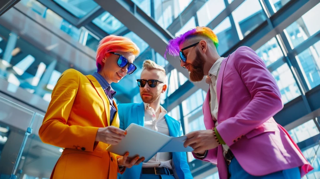 Three business professionals in vibrant suits and sunglasses discussing documents in a modern office with large glass windows.