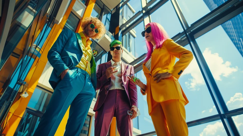 Three business professionals wearing brightly colored suits, standing in a modern office building with glass walls and ceilings. One individual has pink hair, another has green hair, and the third has curly hair with sunglasses.