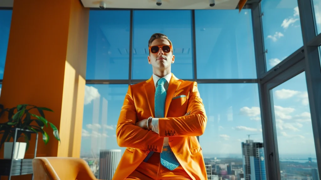 A business person wearing a bright orange suit and blue tie, with matching orange sunglasses, standing confidently in a modern office with large windows and a cityscape view in the background.