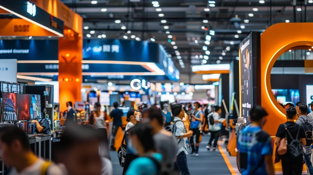 A bustling trade show with B2B companies showcasing engaging content to captivated audiences. Demonstrations, presentations, and networking highlight the power of content marketing