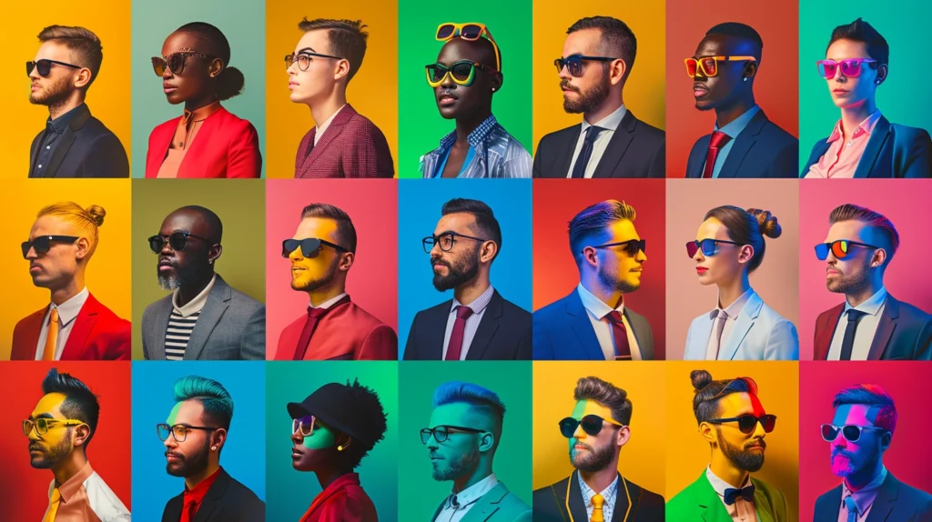 5 by 5 grid of 20 diverse business professionals with varying attire, hair colors, and accessories in bright vivid colors.