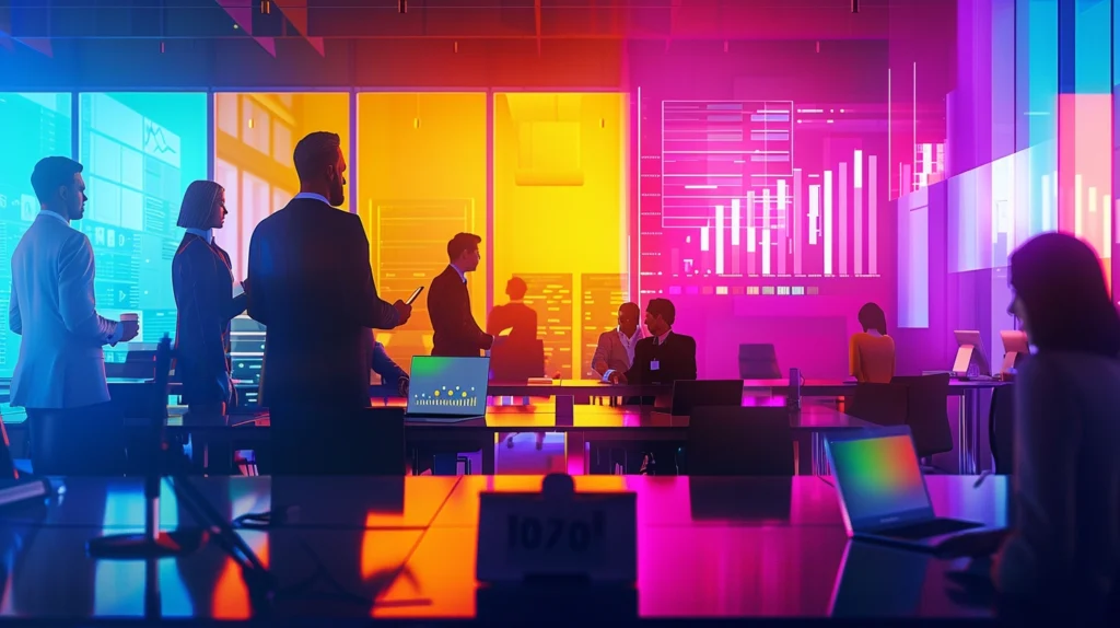 Business professionals in a vibrant office environment, collaborating and analyzing data displayed on large screens and laptops with colorful lighting.