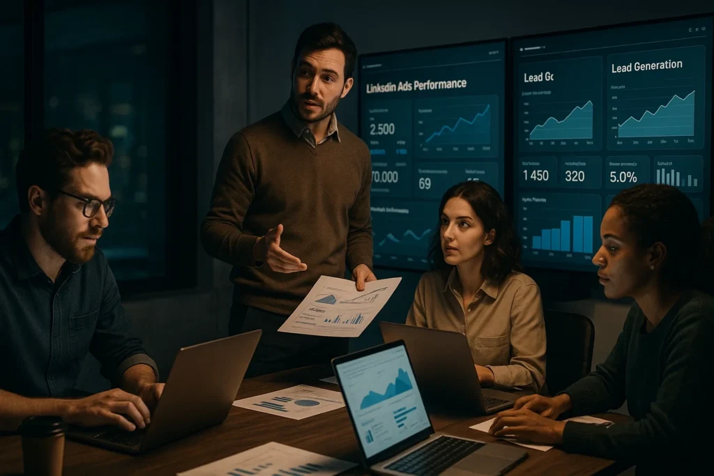 Agile B2B marketing team analyzing campaign performance in a modern office