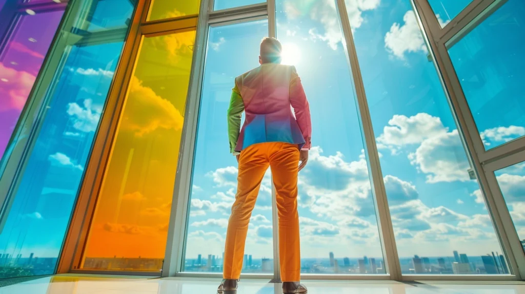 A business professional in a colorful suit stands confidently in front of large windows with a cityscape view and vibrant sky reflections.