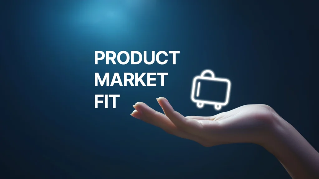 B2B Product Market Fit: Setting Yourself Up for Success. A human hand gracefully holds a glowing neon outline of a suitcase, symbolizing product-market fit.