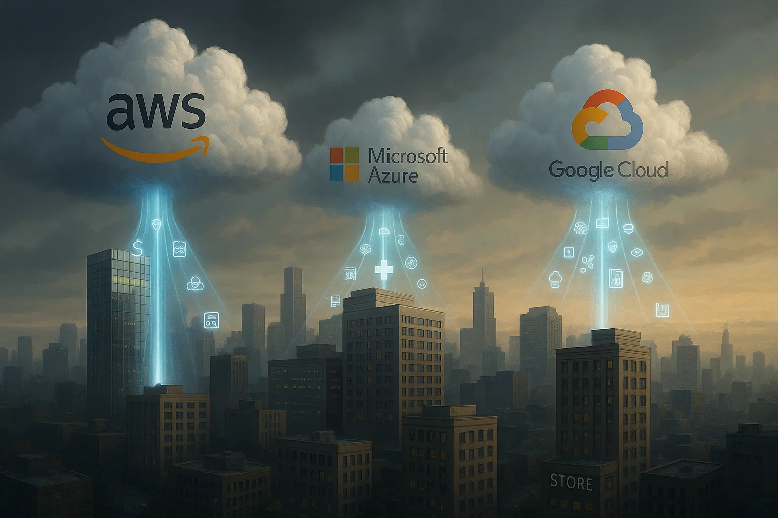 AWS, Azure, and Google Cloud illustrated as competing platforms over a digital enterprise skyline