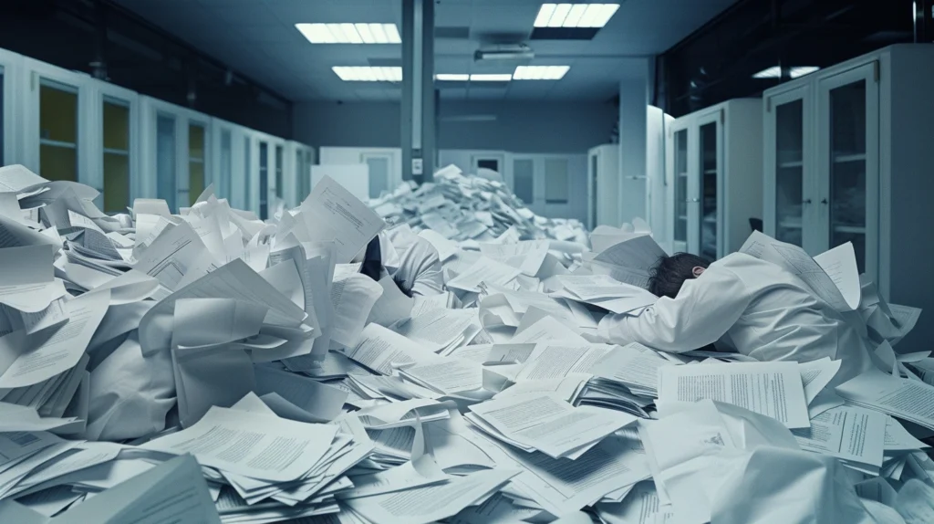 A business professional piledup with documents in an office, trying to convey B2B content marketing.