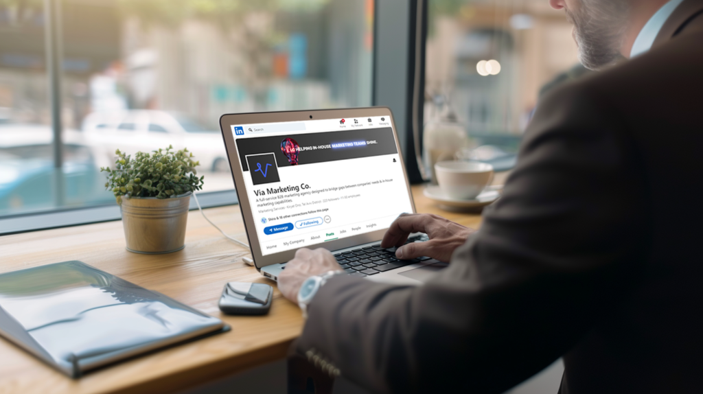 Business professional analyzing B2B LinkedIn Strategy on a laptop, demonstrating engagement with the LinkedIn Algorithm.