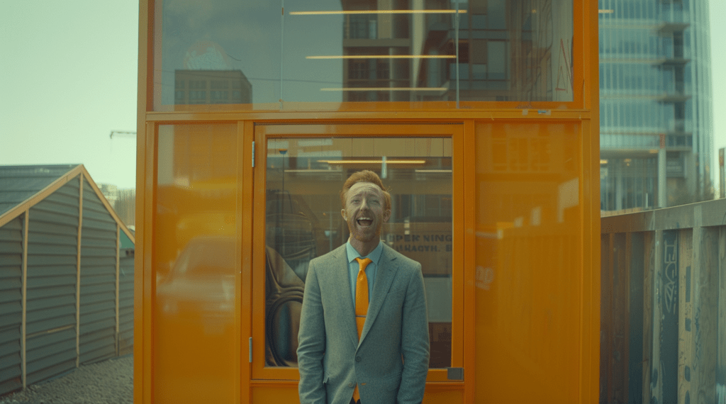 Building Bridges with Emotion: Beyond Transactions. A man with a cheerful expression stands in front of a bright orange door emphasizing the power of Brand Emotional Connection. 