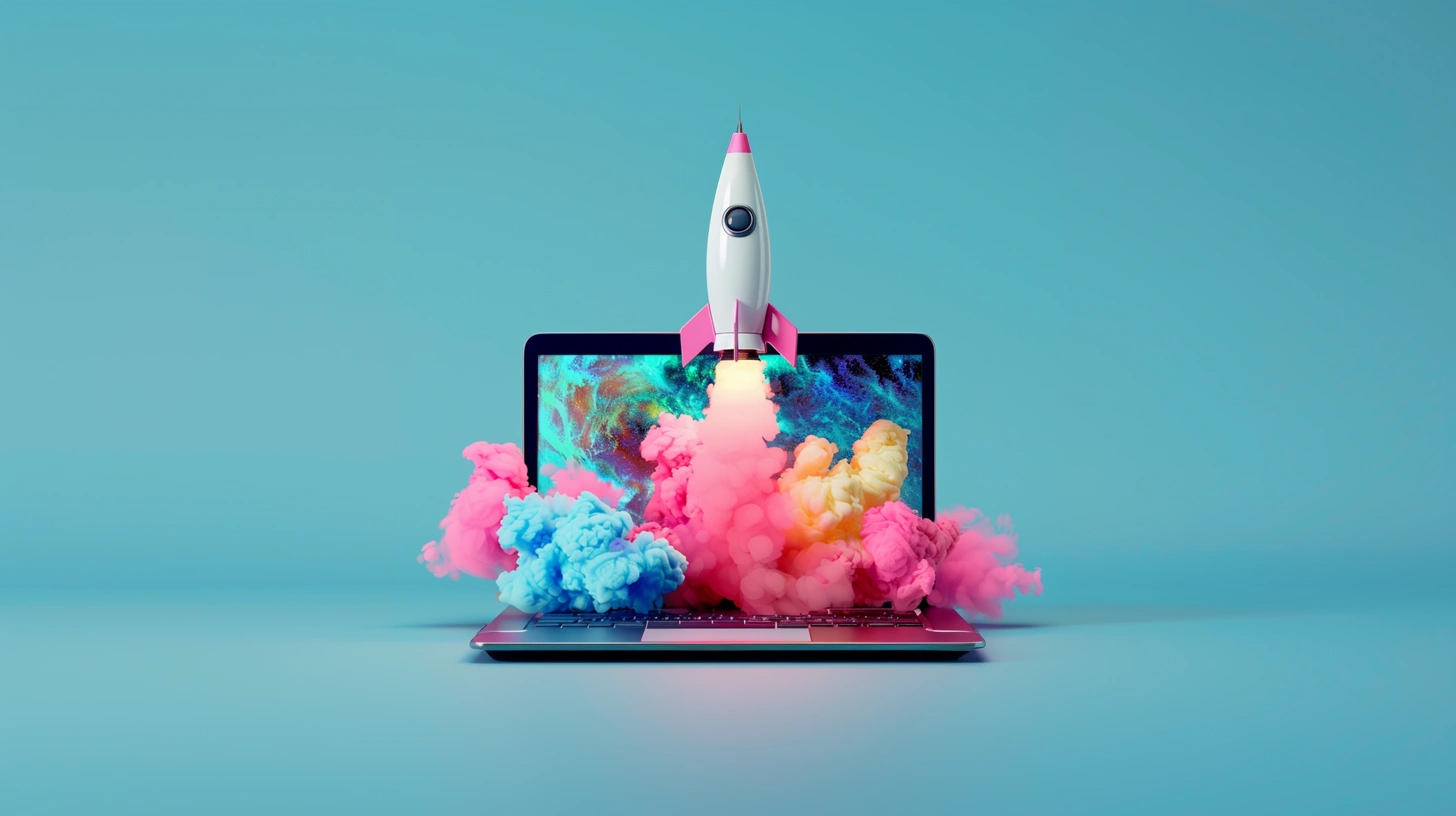 A pink and white rocket launching from a laptop screen surrounded by vibrant pink, blue, and yellow smoke clouds on a soft blue background, symbolizing a powerful product launch.