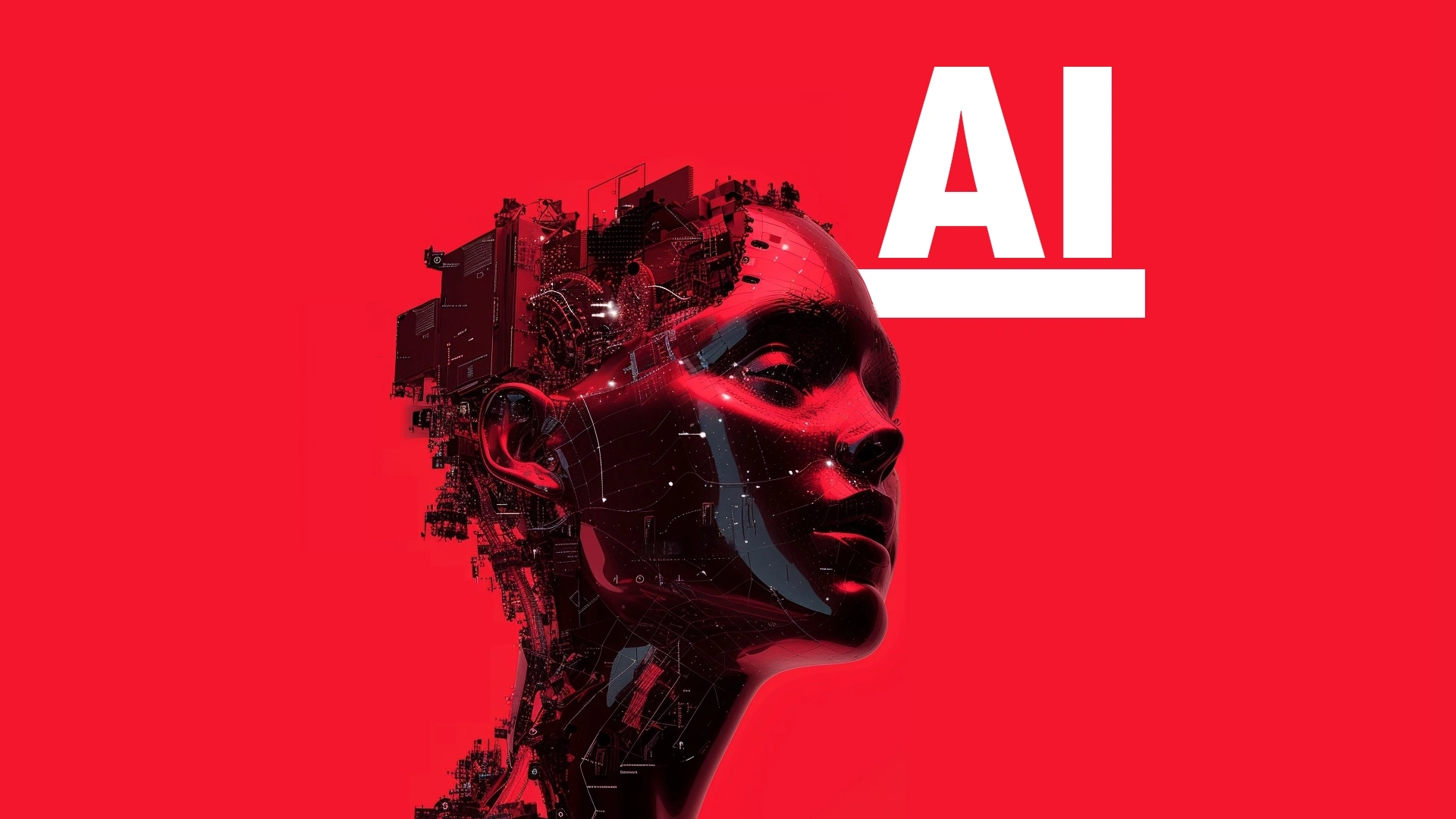 Futuristic AI-enhanced human head illustration with red background.