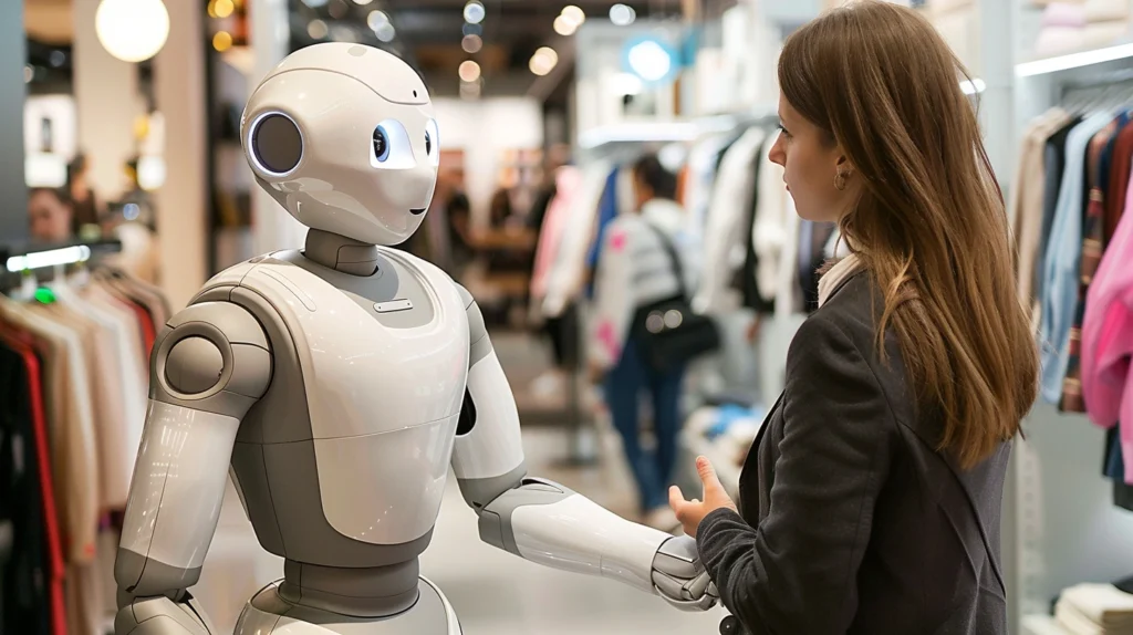 A humanoid AI robot assisting a customer in a women's clothing store showcasing the integration of chatbots in the retail industry.