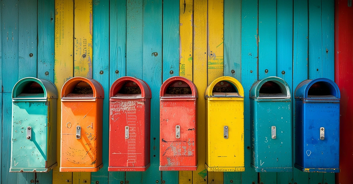 Colorful vintage mailboxes aligned on a wall, representing targeted email marketing.