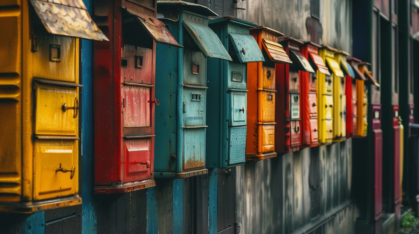 Many colorful vintage mailboxes aligned on a wall in a line, representing hyper targeted email flows.