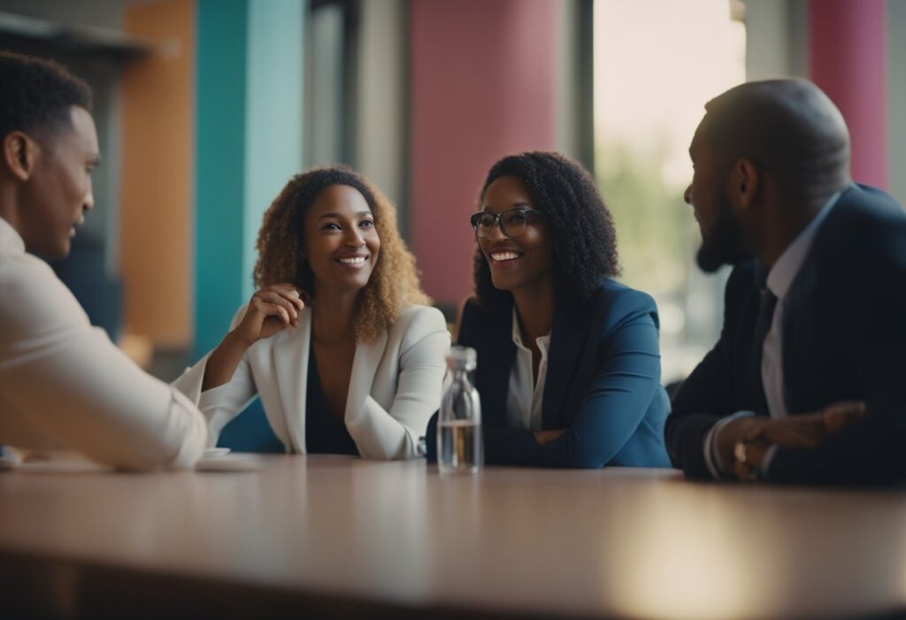 A group of diverse business professionals engage in conversation while digital AI tools influence their search behavior