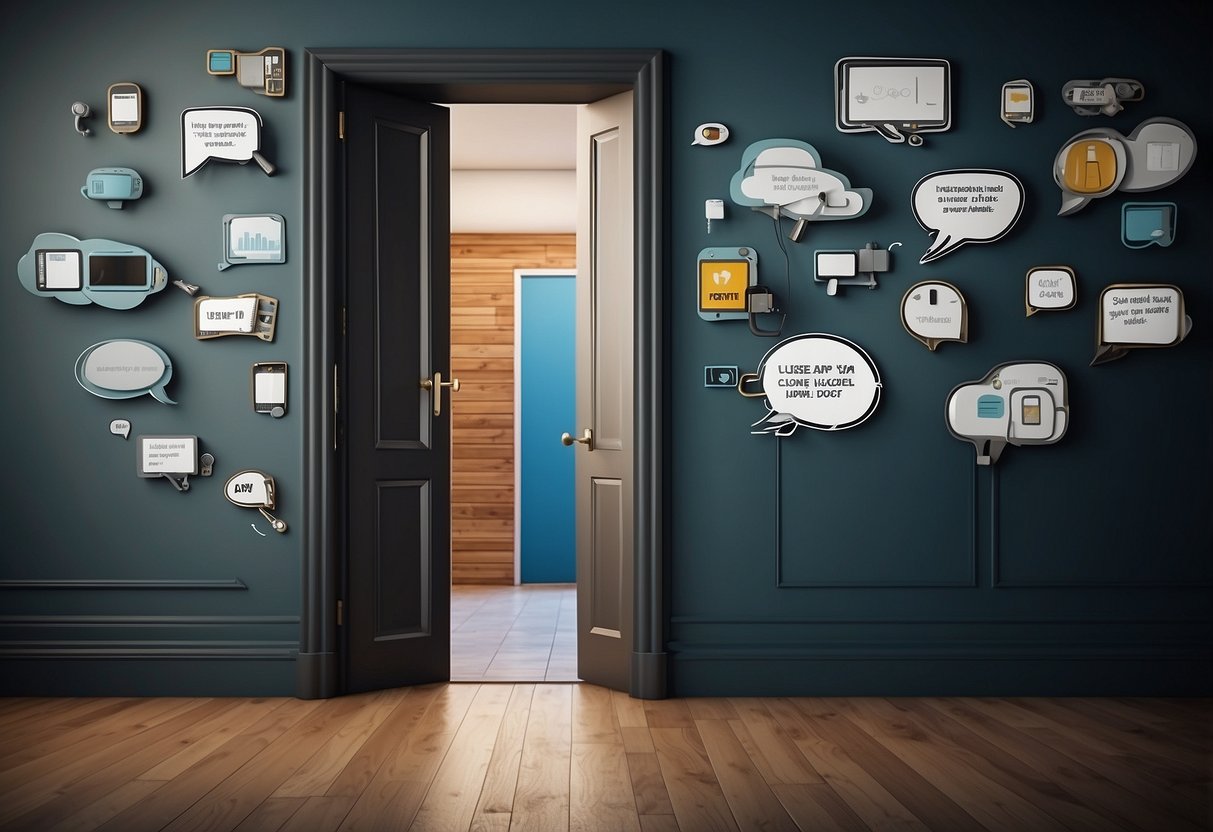 A closed door with a digital assistant and a user, surrounded by floating speech bubbles, locks, and privacy icons