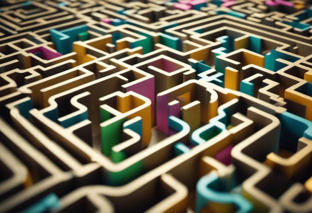 A labyrinth with AI algorithms overcoming obstacles, symbolizing challenges in personalized marketing