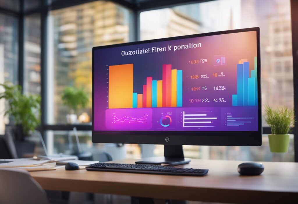 A computer monitor displaying AI-driven personalization metrics and KPIs, with data visualizations and graphs, surrounded by a modern office setting