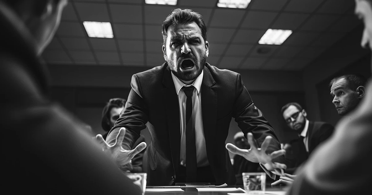 Brand-Centric Authority First Framework discussion in a boardroom showcasing B2B LinkedIn Strategy with a man arguing passionately in front of professionals.