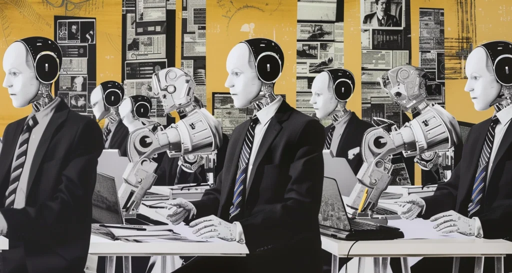 Humanoid robots in business attire working at desks, representing Notion AI's integration in office work.