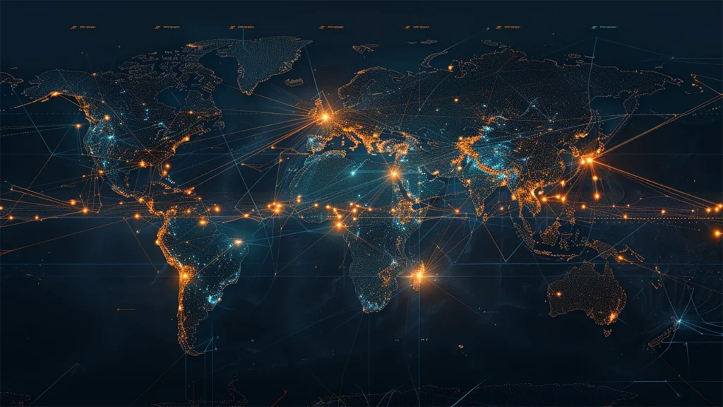 A world map with LinkedIn icons connecting various regions, symbolizing LinkedIn's global reach and impact on B2B marketing.