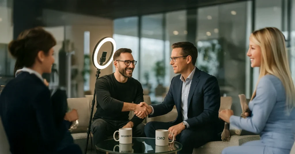 Tech startup founder confidently addressing a live and virtual audience at a pre-launch event