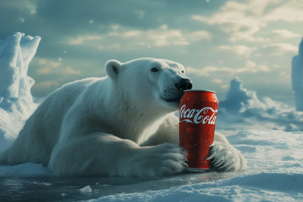 An illustration of a polar bear drinking coca cola at the north pole depicting of a strong brand strategy.